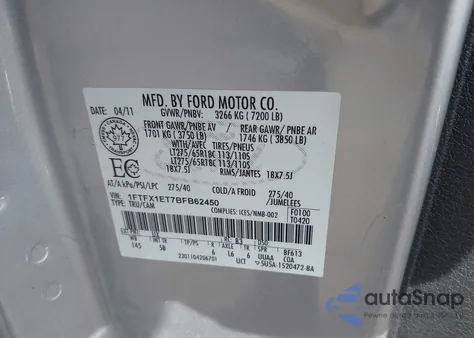 2011 Ford F-150 Fx4 from USA, damaged, VIN 1FTFX1ET7BFB62450
